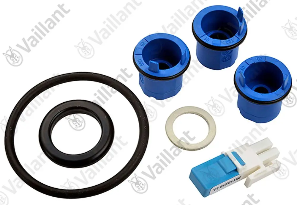 Bausatz mit blauen Dichtungen, O-Ringen und Kodierstecker, geeignet für Vaillant Heizsysteme. Teile zur Installation oder Wartung von Heizungsanlagen.